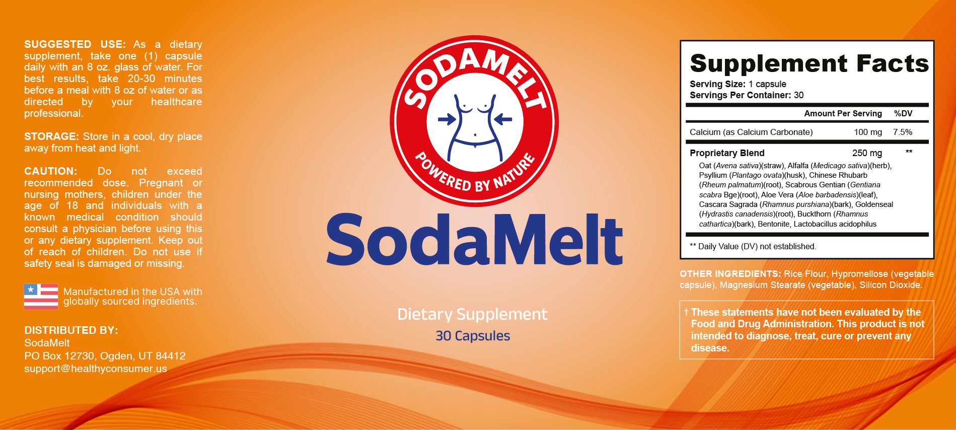 SodaMelt product label with the full ingredient panel